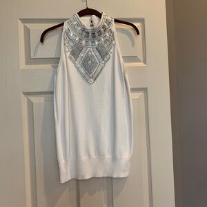 Cache Ivory Embellished Sleeveless Sweater sz L